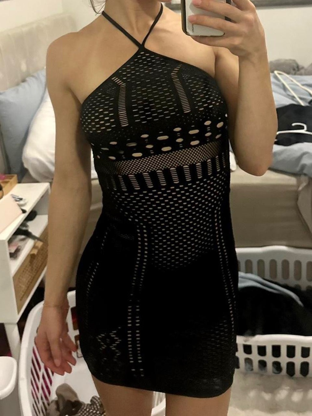 bebe Black Halter Cutout Mesh Mini Dress